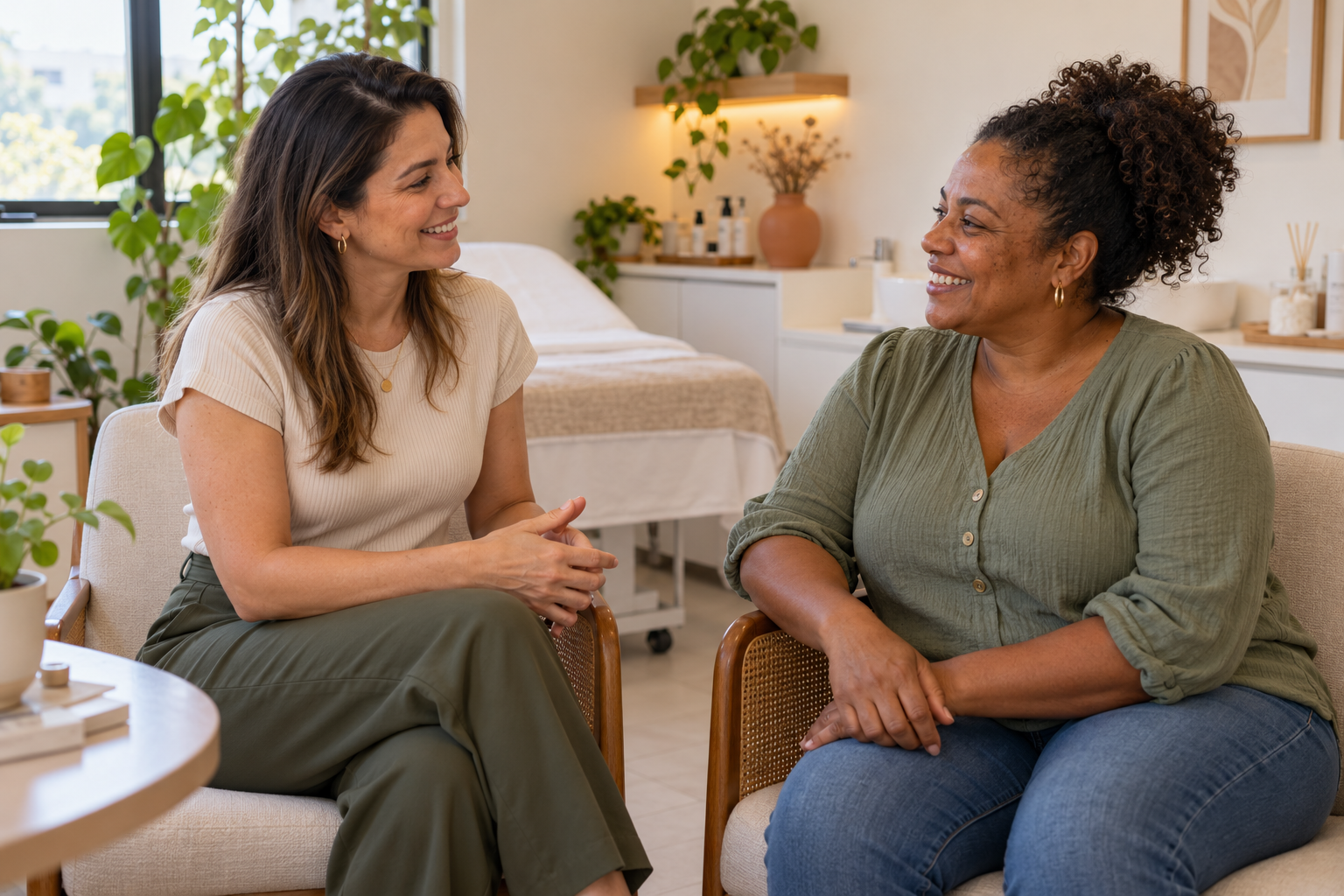 Cenas ilustrativas de conversas acolhedoras em uma clínica de estética