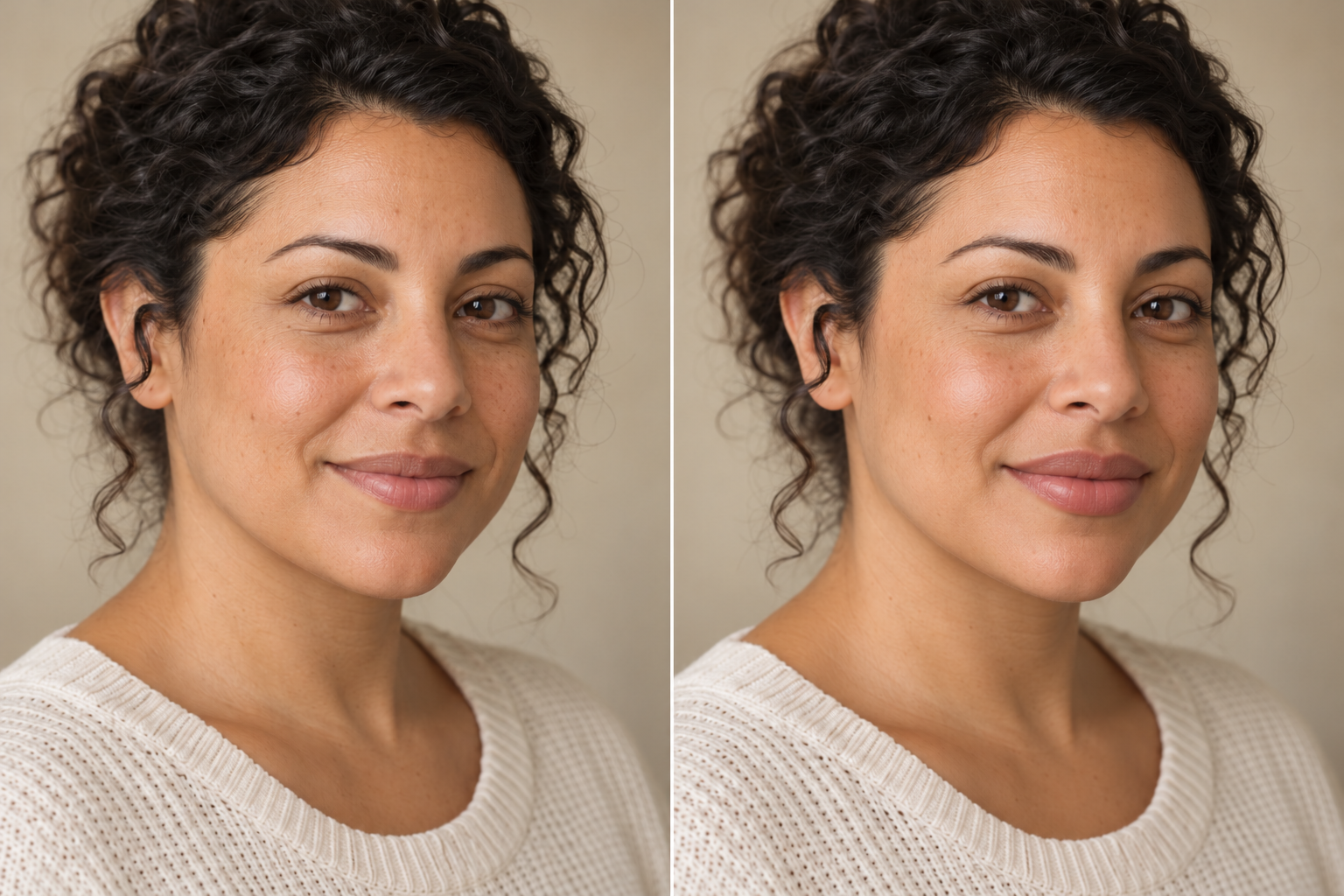 Simulação ilustrativa: retrato em duas metades, com contorno labial natural antes e discretamente mais definido depois