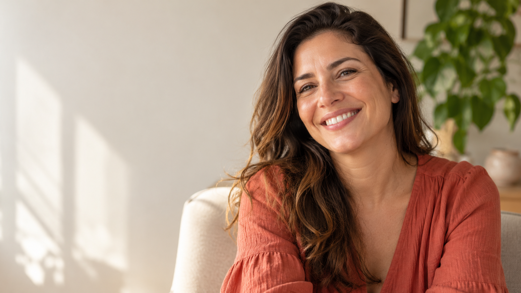 Mulher adulta sorrindo com expressão espontânea em luz natural